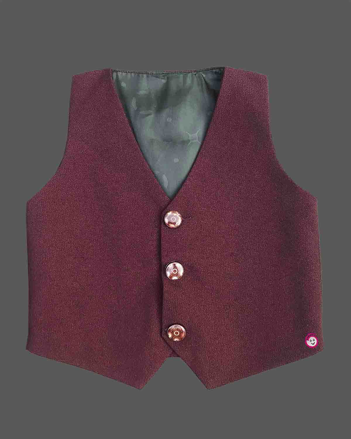 Maroon formal suit for little boys featuring a blazer with black and silver sequin details, a grey collar accent, white shirt, black tie, and matching maroon pant against a grey background.