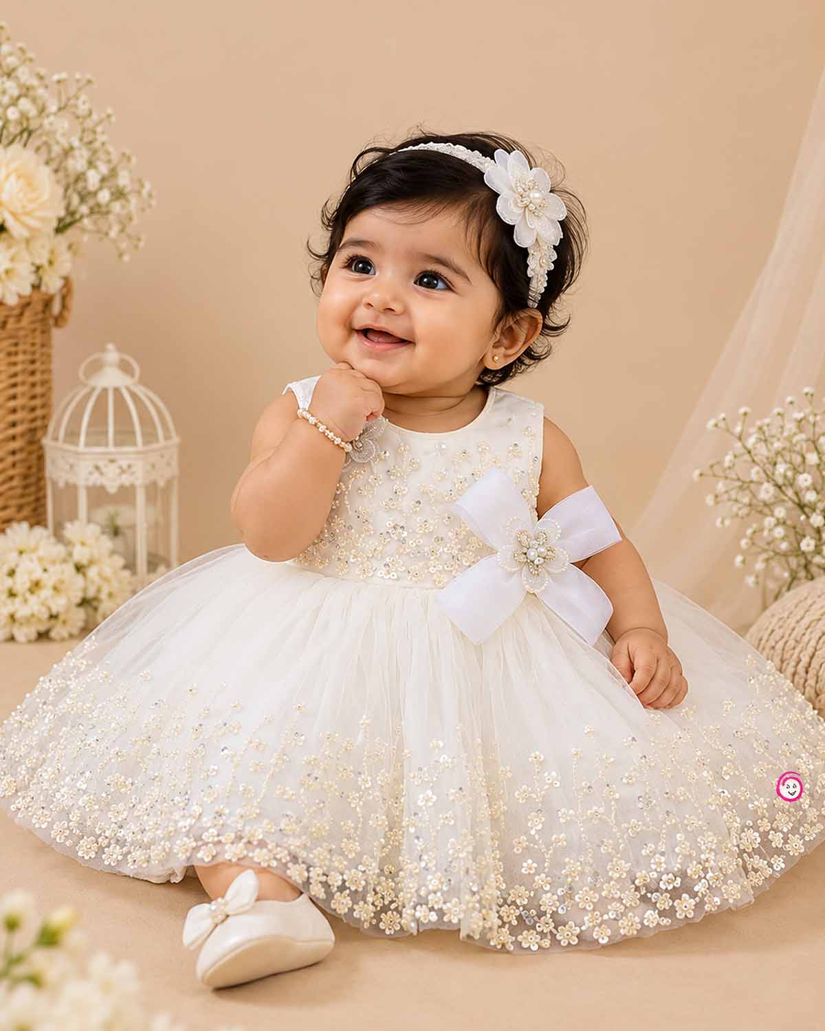 Sleeveless net frock with sequin bodice, waist bow motif, applique shoulder flower, and embroidered hem.