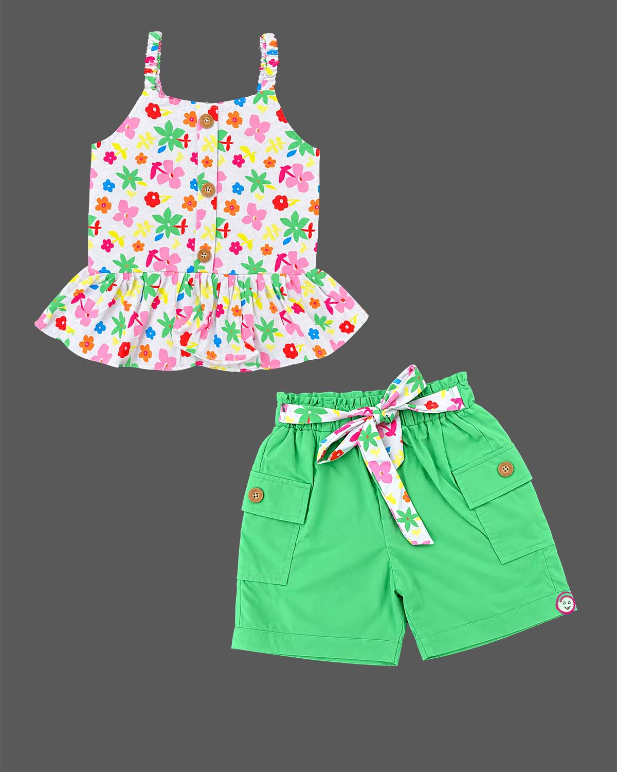 Girls floral peplum camisole top with front buttons and elasticated waist shorts featuring utility pockets.