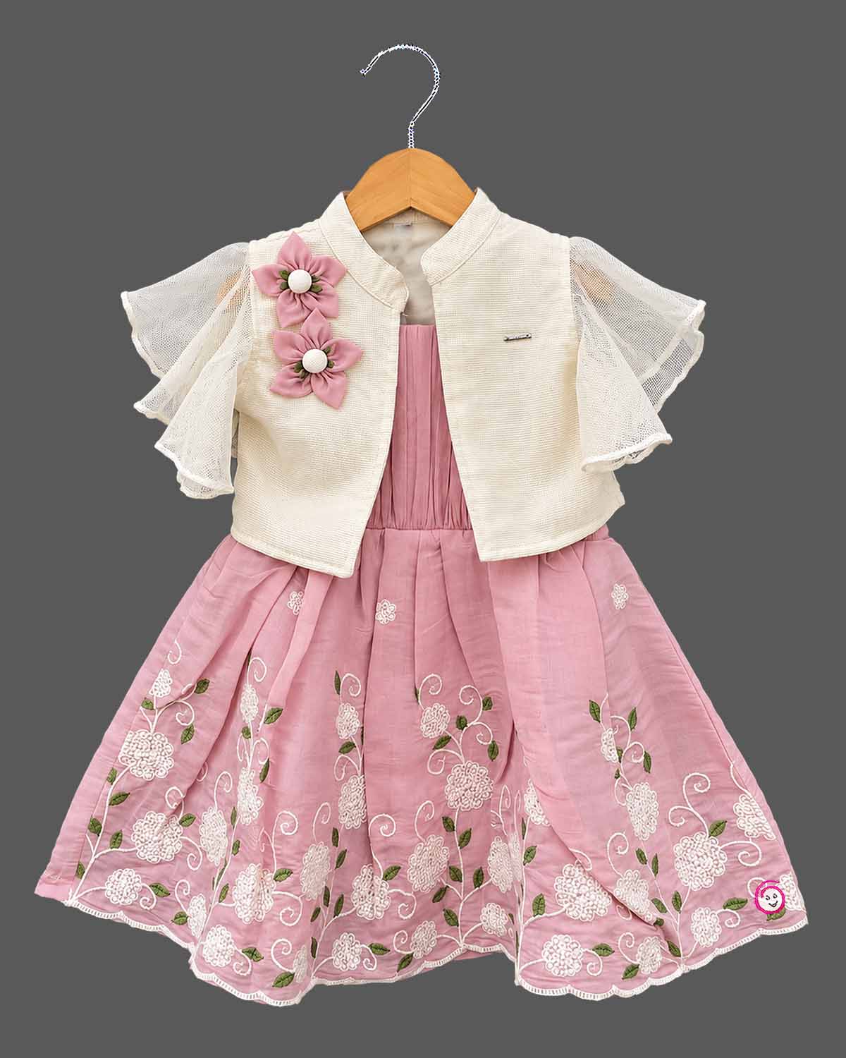 Toddler girl party wear dress featuring embroidered floral details and flared mesh shrug sleeves