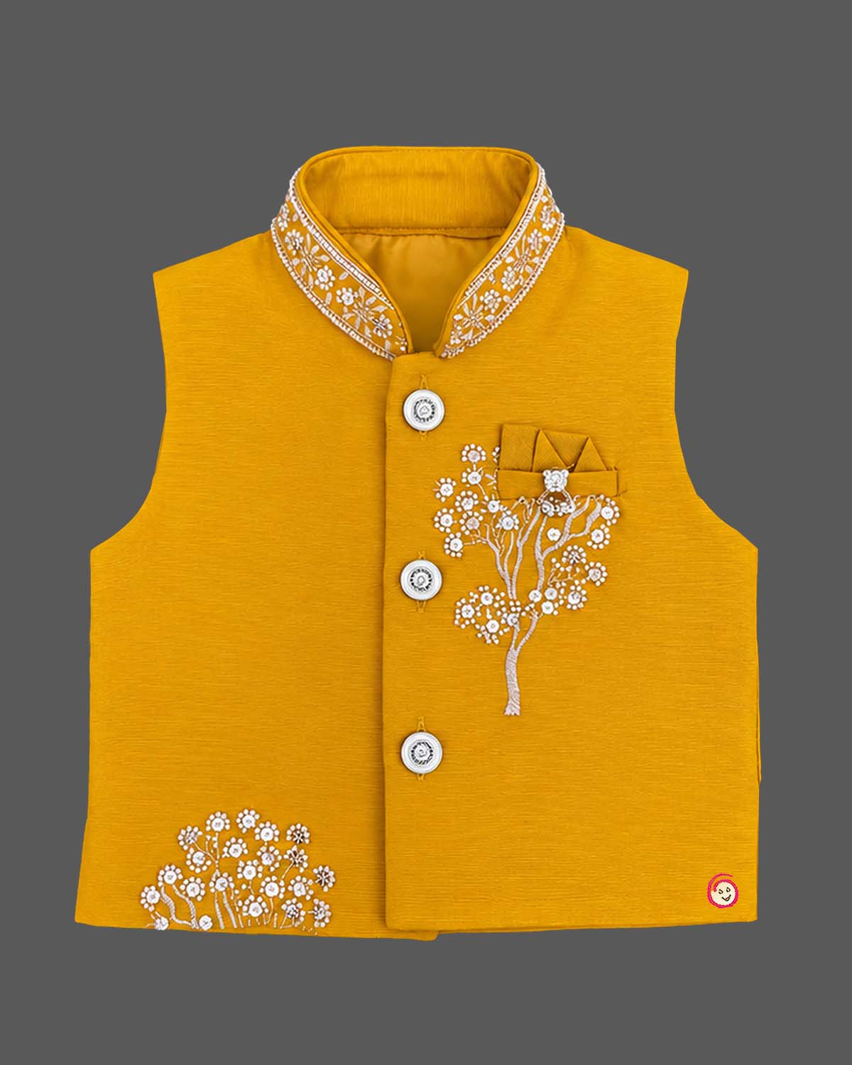 indo western dress for boys featuring embroidered mandarin collar and floral motifs for festive wear