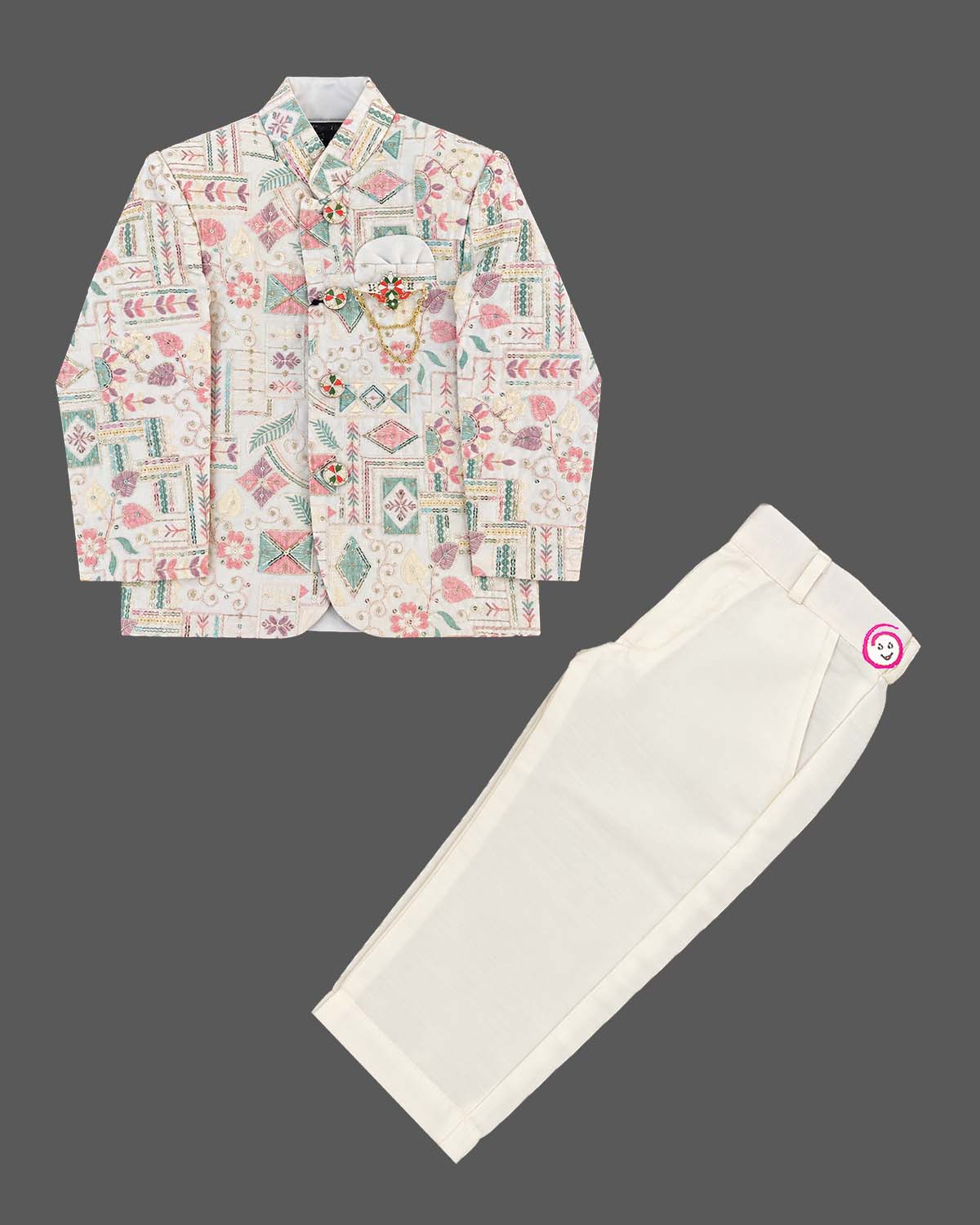 Embroidered indo western dress for boys featuring mandarin collar jacket and trousers