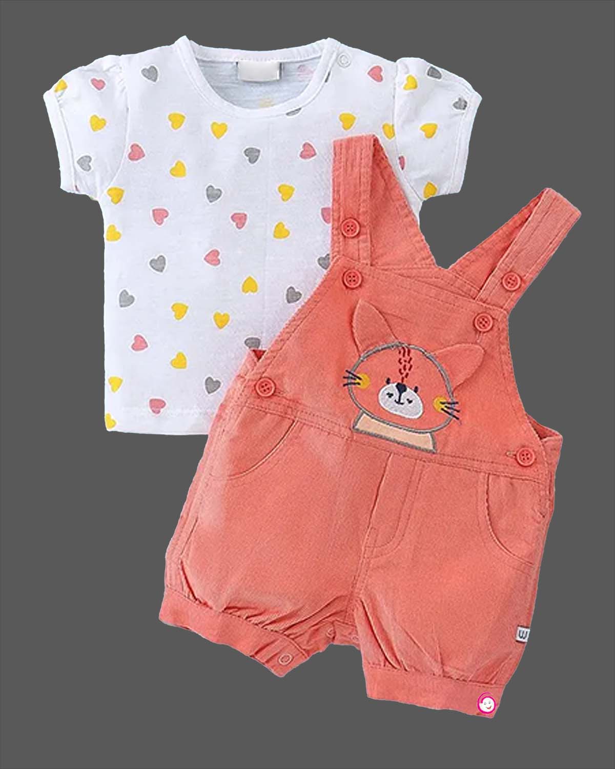 Girls cat embroidered dungaree with half sleeves hearts printed top - Melan