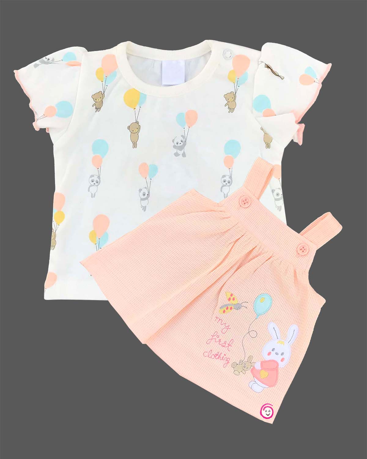 Peach baby girl cotton knit pinafore dress with bunny embroidery and white frill sleeve floating bear balloon print top