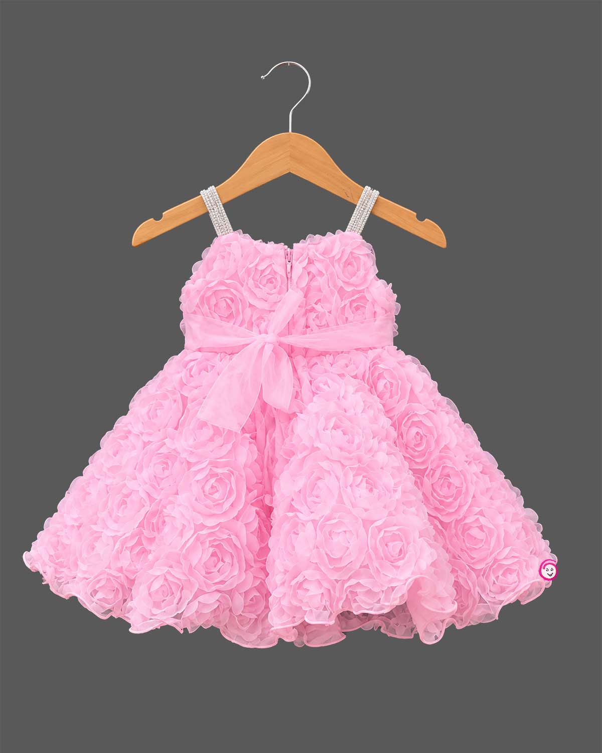 Baby girl floral applique party frock with statement bow and ruffled net layers