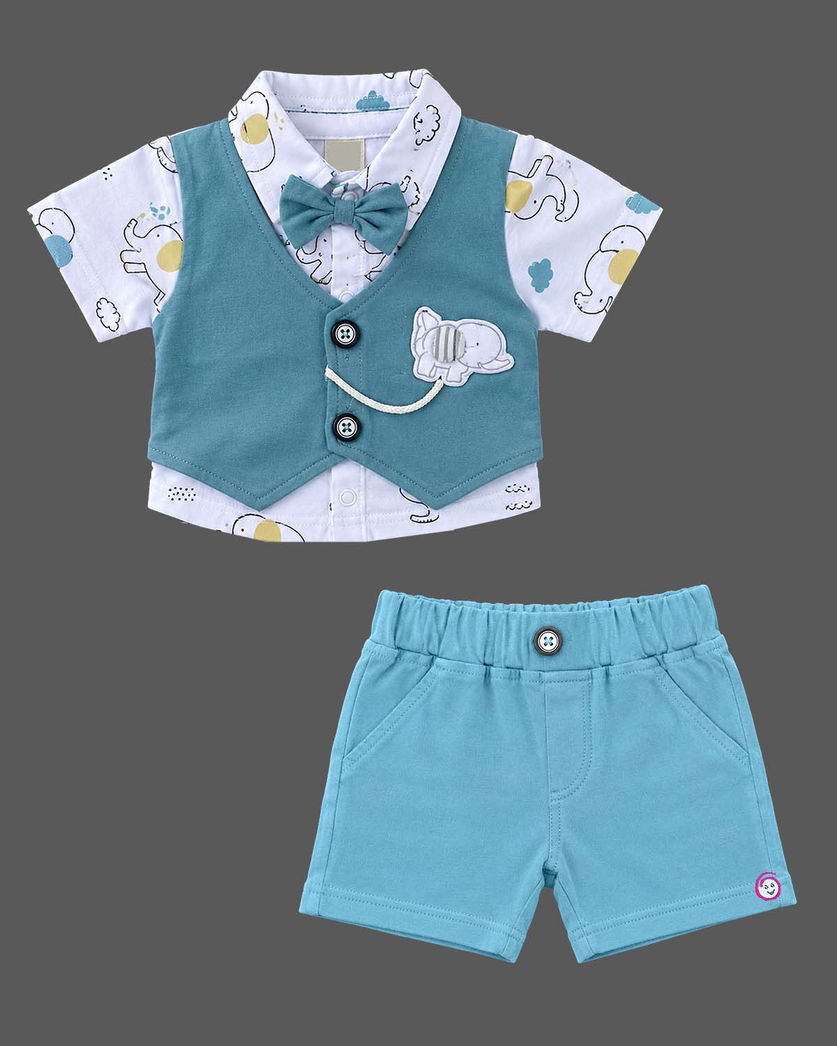 Toddler boy ethnic wear layered vest shirt and shorts set with bow tie and elephant print
