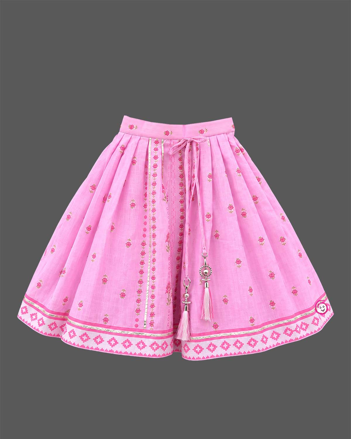 Girls angrakha lehenga choli set with floral prints, potli button details, and drawstring tassels.