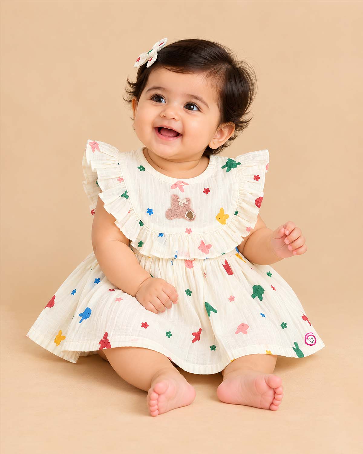Infants frock with colorful printed motifs, Frill Sleeve, and flared hem for girls