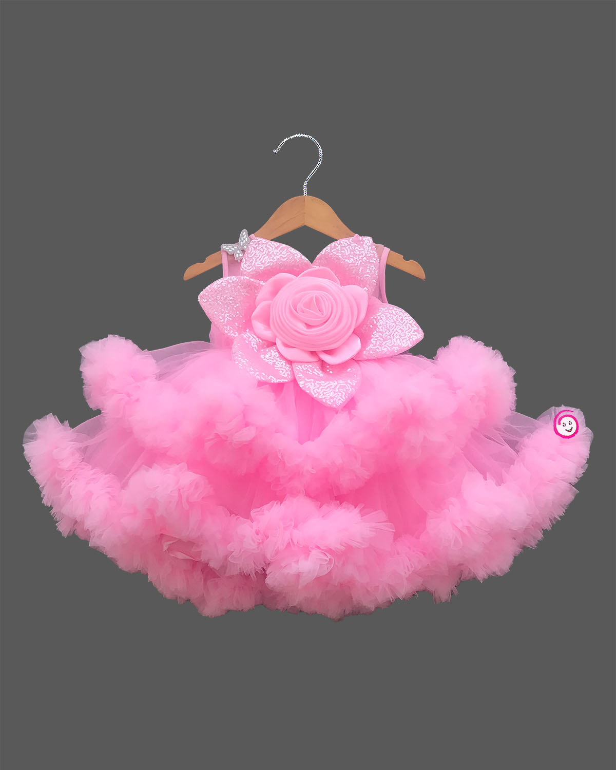 Girls fashion partywear frock with flower detail for birthday, wedding, and reception functions