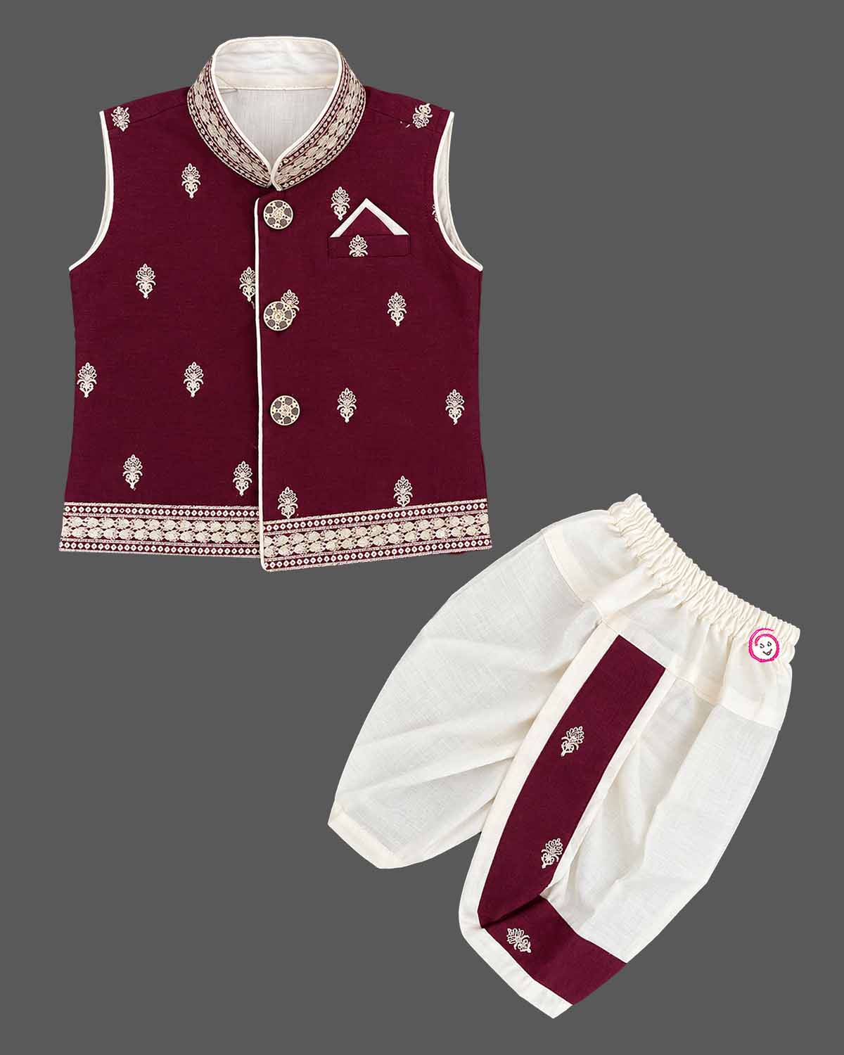 Dhoti Set For Boys with embroidered collar, shoulder motifs, angled button placket and dhoti
