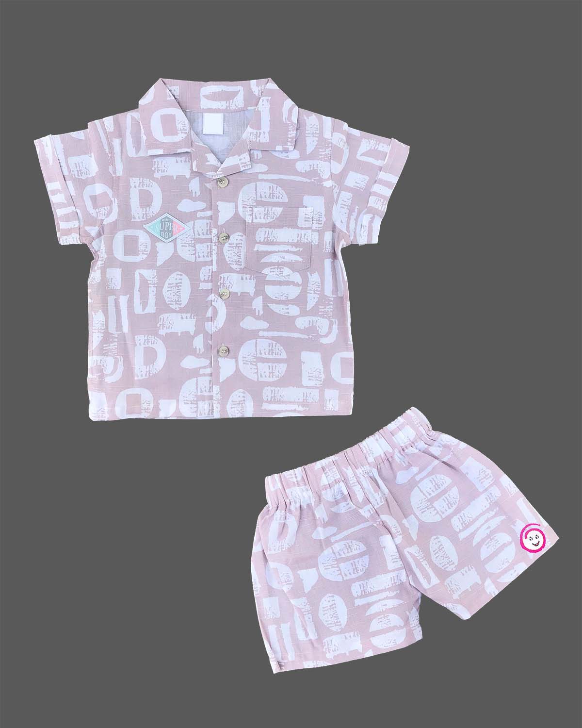 Mauve printed cotton button-down shirt with matching elasticated shorts baby boy top and shorts set for summer vacations, playdates, and park outings