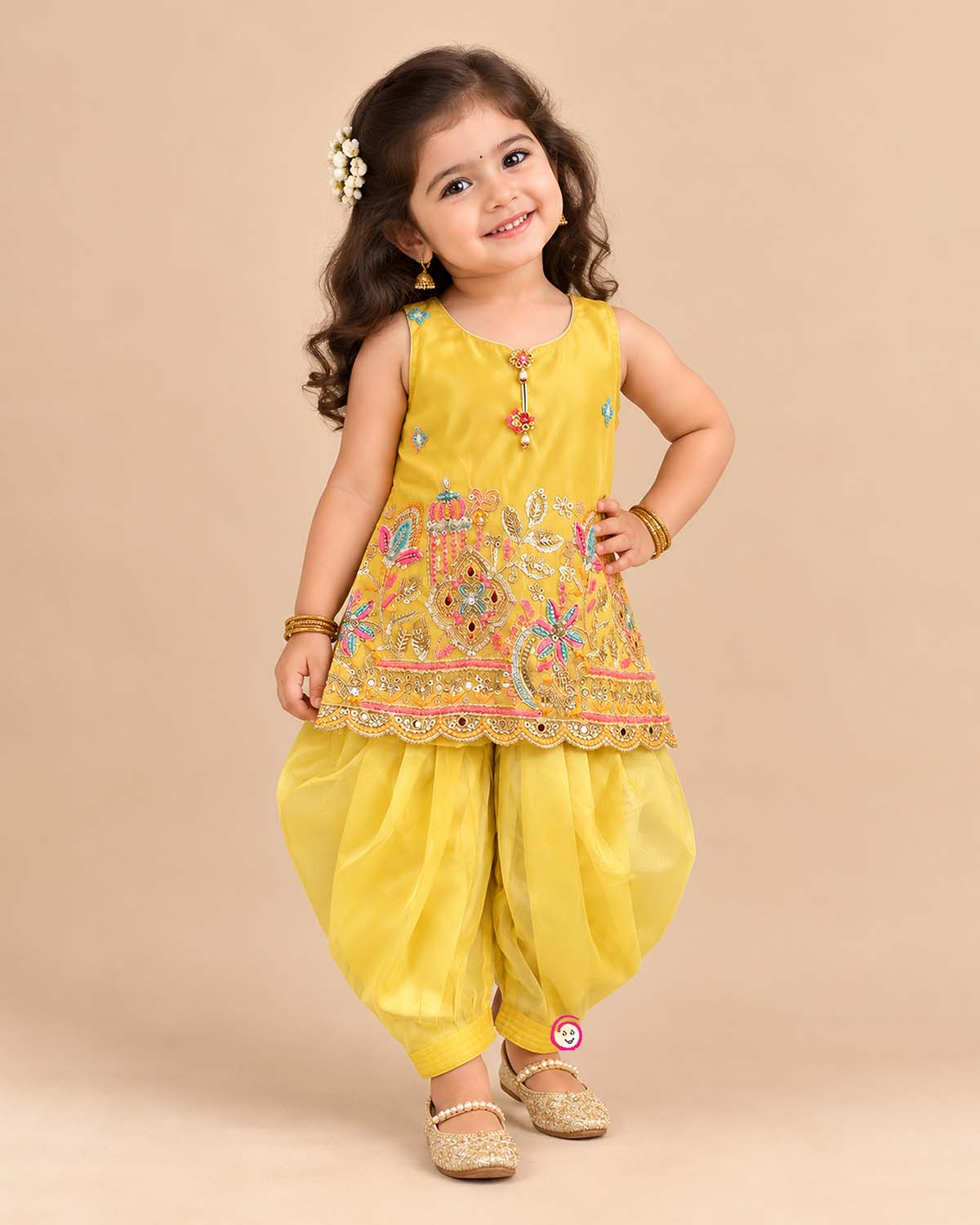 Kids dhoti kurta set for girls with mirror work embroidered sleeveless top and pleated organza dhoti pants