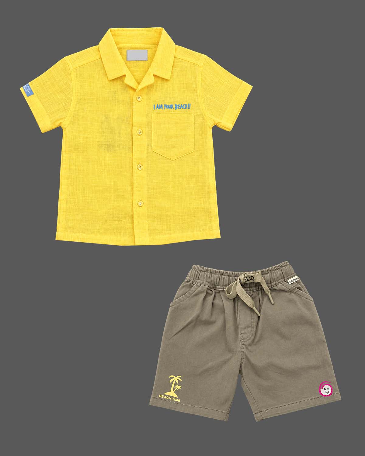 Toddler wearing a baby Western wear dress featuring collar button down shirt and drawstring utility shorts.