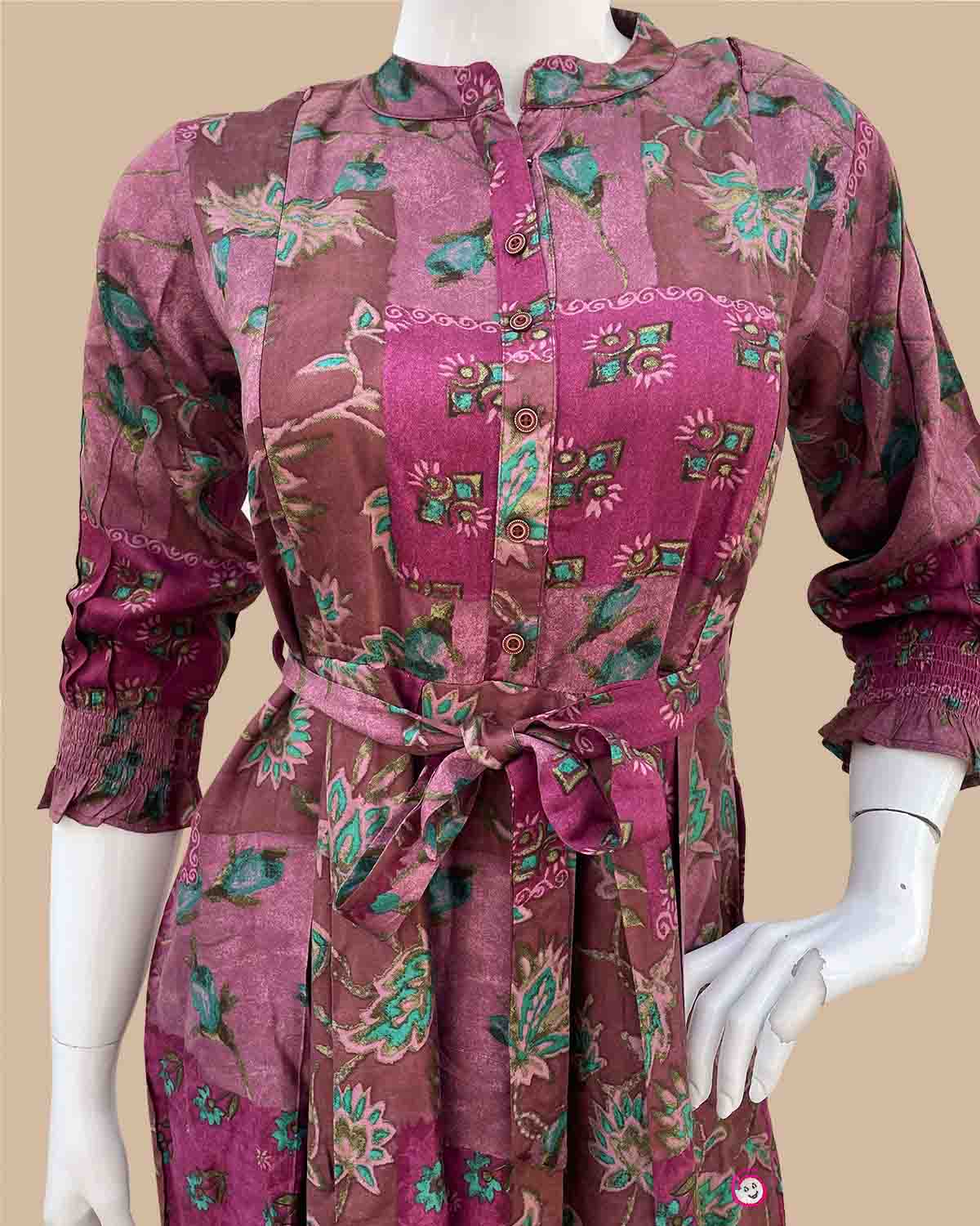 Maternity cotton printed feeding kurti with mandarin collar and waist tie belt for post-pregnancy nursing comfort.