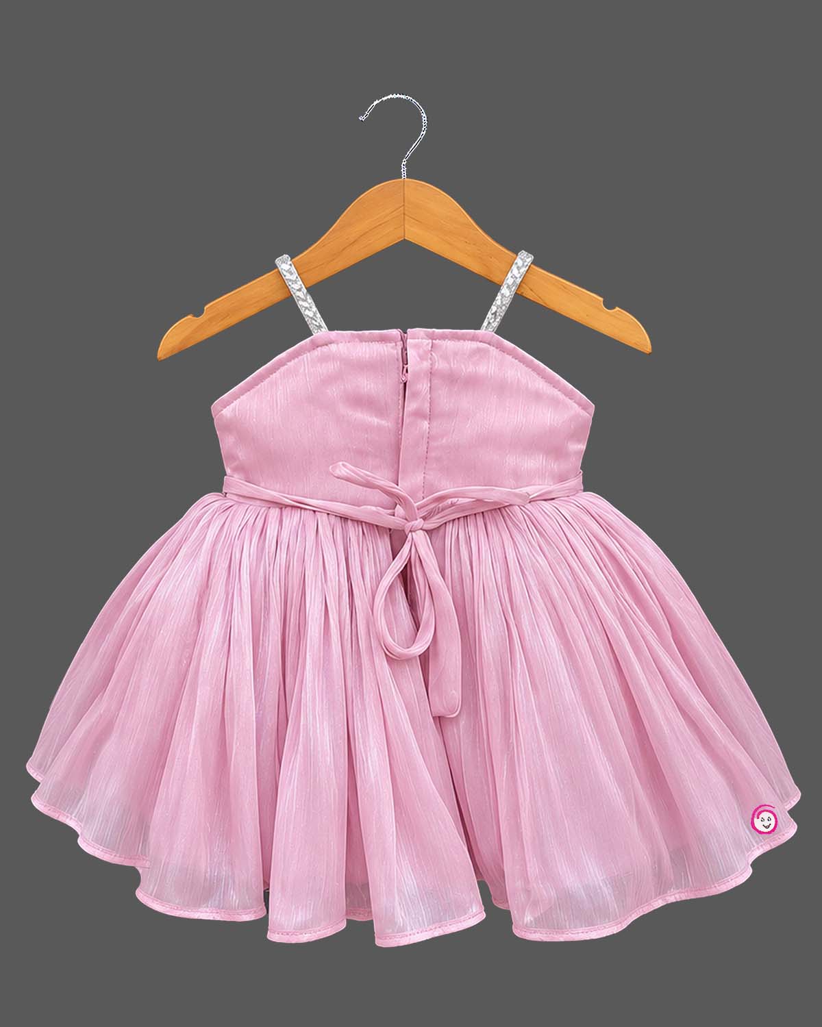 Kids party wear strappy shimmer organza pleated frock set with matching headband and soft booties.