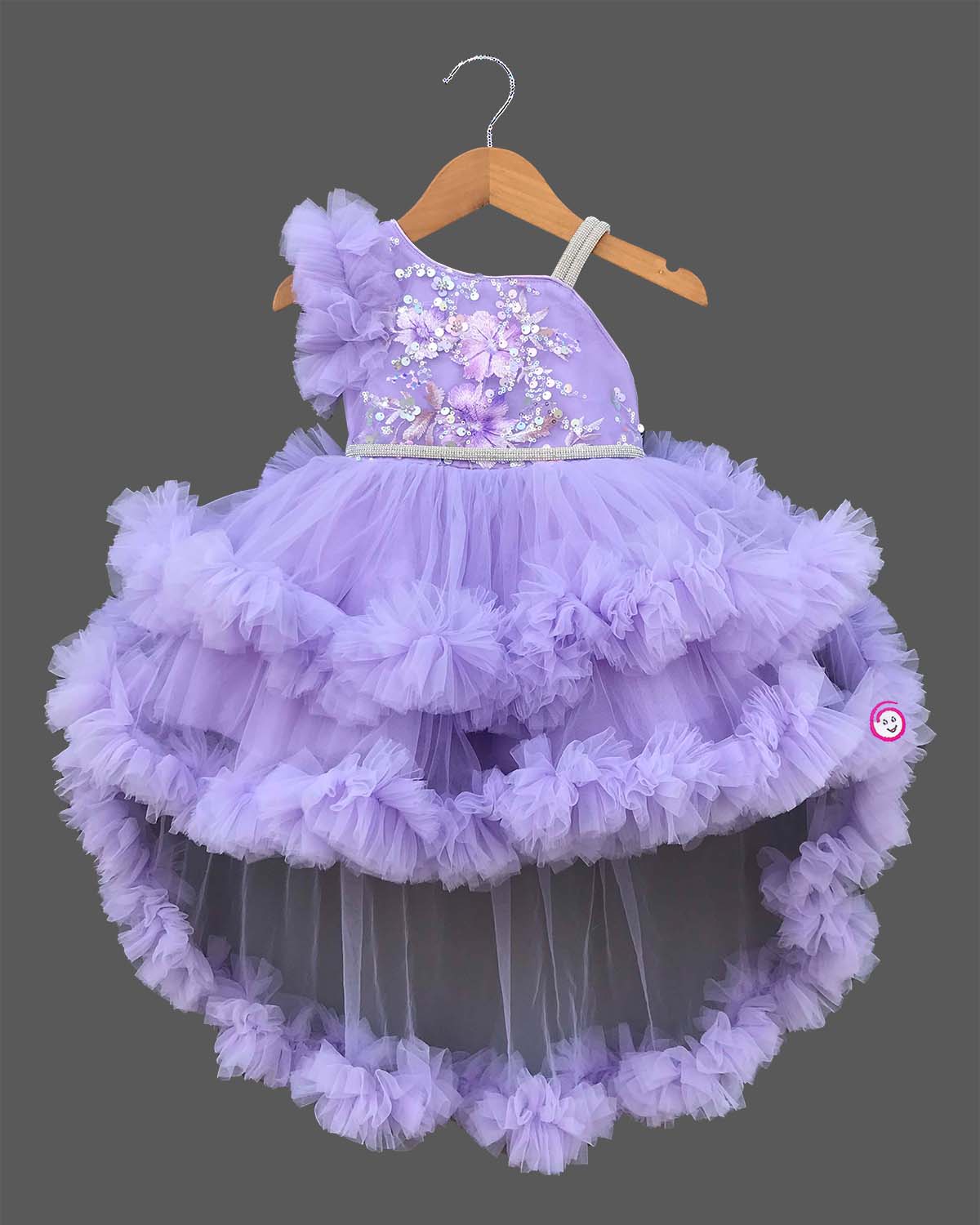 Baby girl designer one shoulder high low tail frock with tiered ruffles