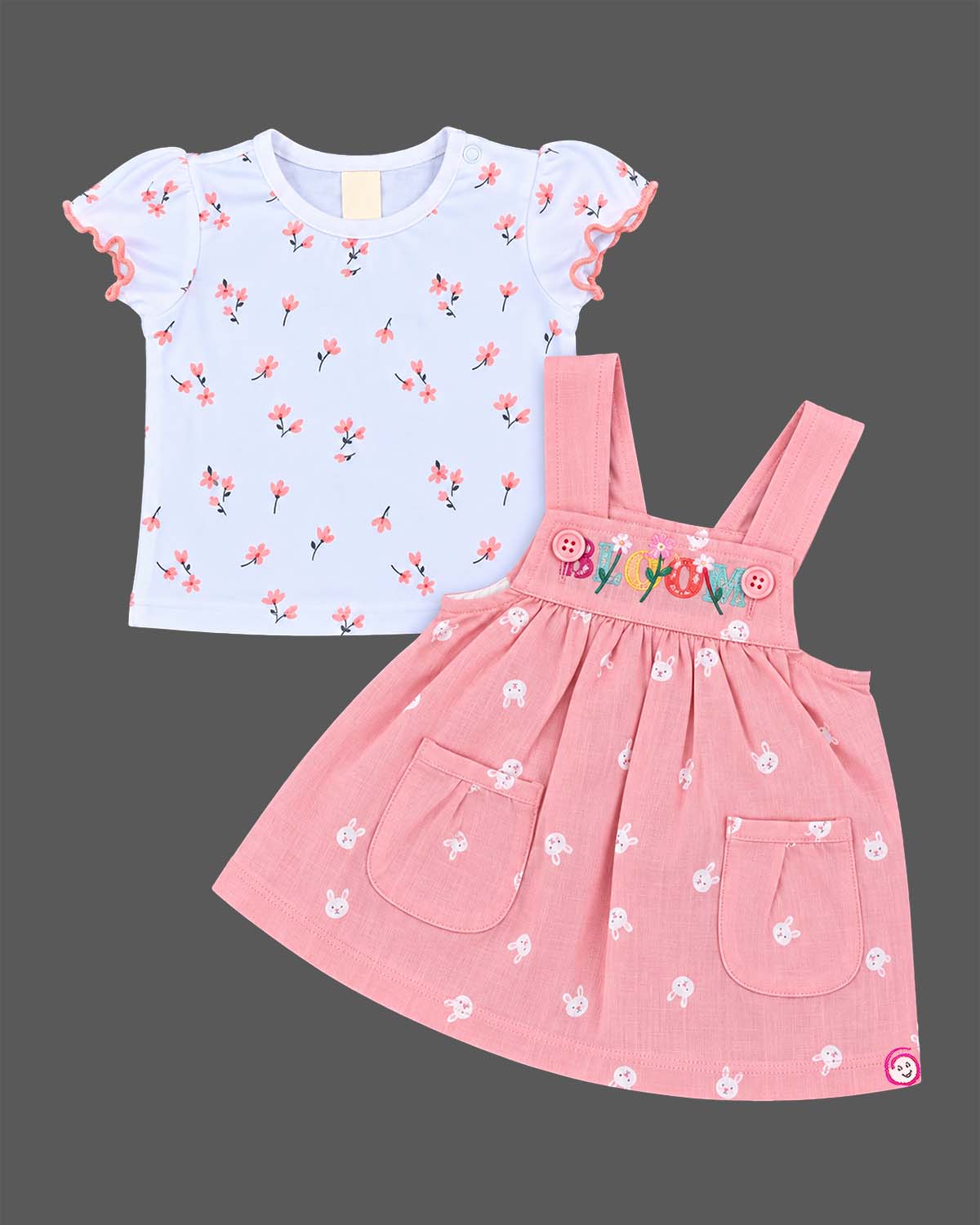 Baby girl clothes printed pinafore dress with floral top set