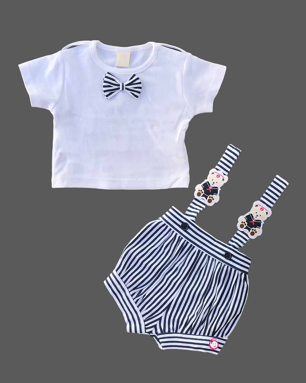 Infant suit with bow tie and striped suspender shorts for baby boys party wear.