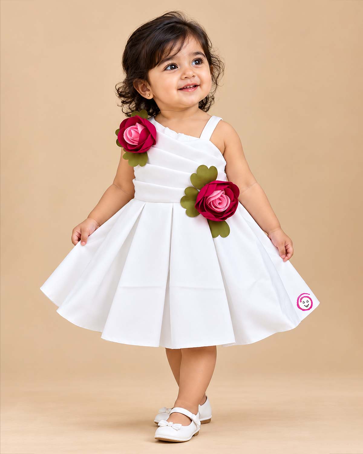 Toddler girl pleated scuba frock featuring oversized fabric rosettes and one-shoulder strap for festive events