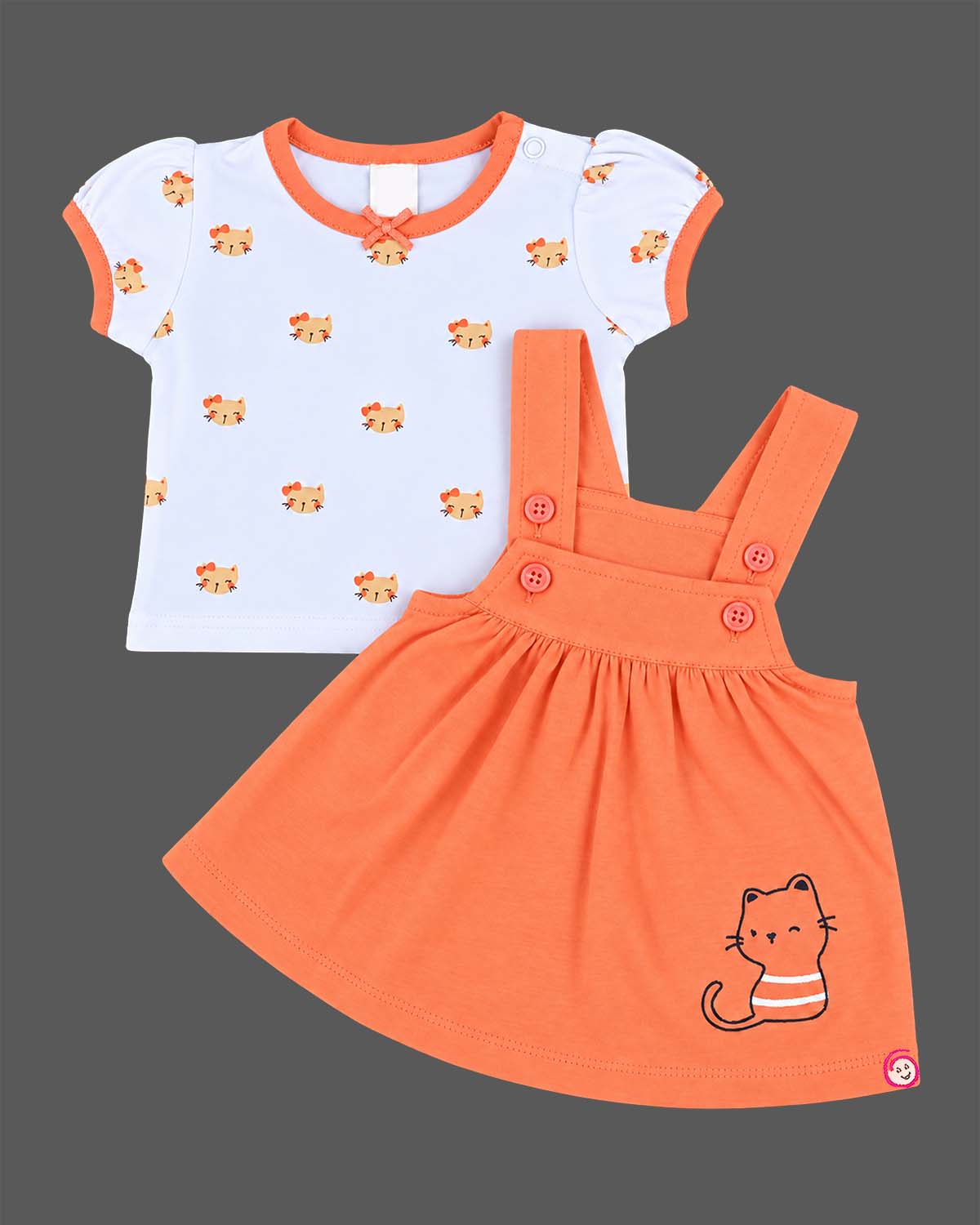 Infant pinafore dress set with short sleeve printed top and pinafore skirt dress for infants