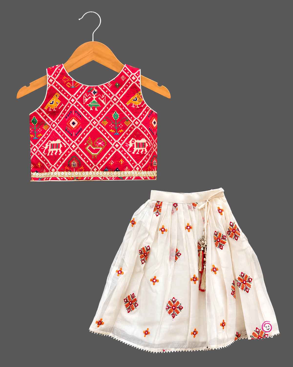 Girls patola print sleeveless choli with pleated mirror work skirt, lehenga choli for kids