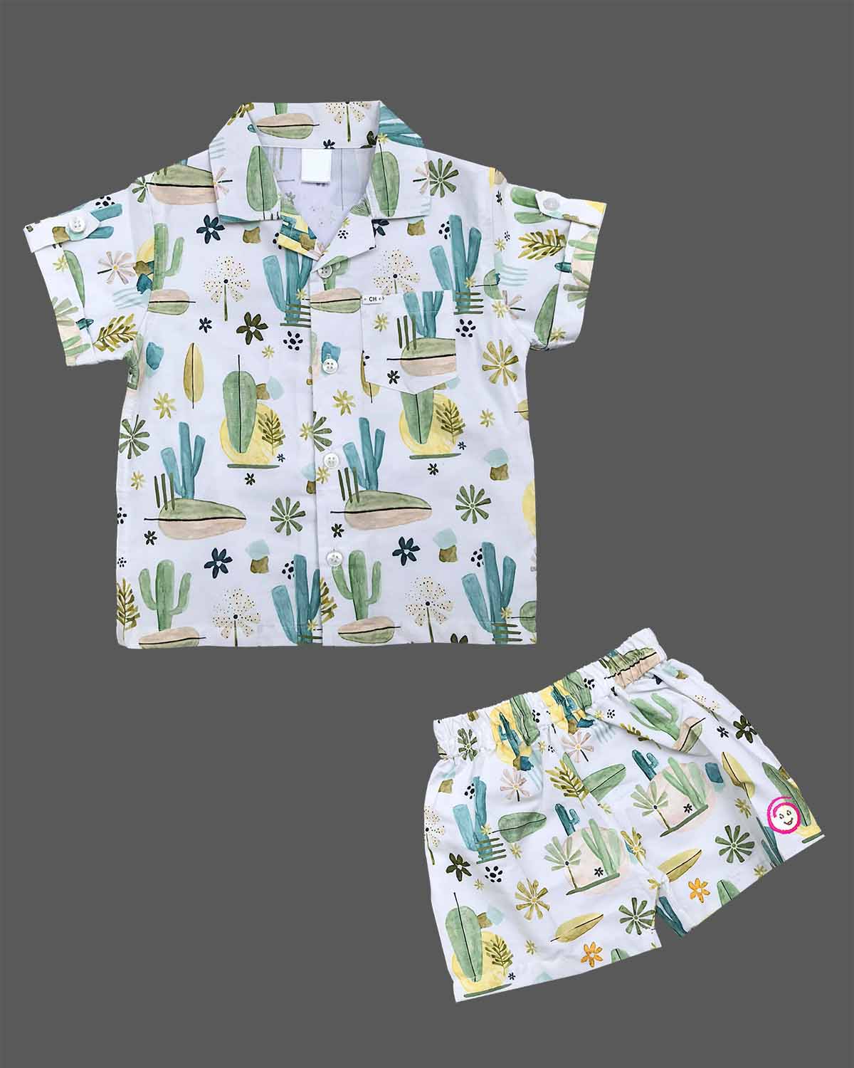 Stylish junior menswear botanical print short sleeve shirt and comfortable shorts set