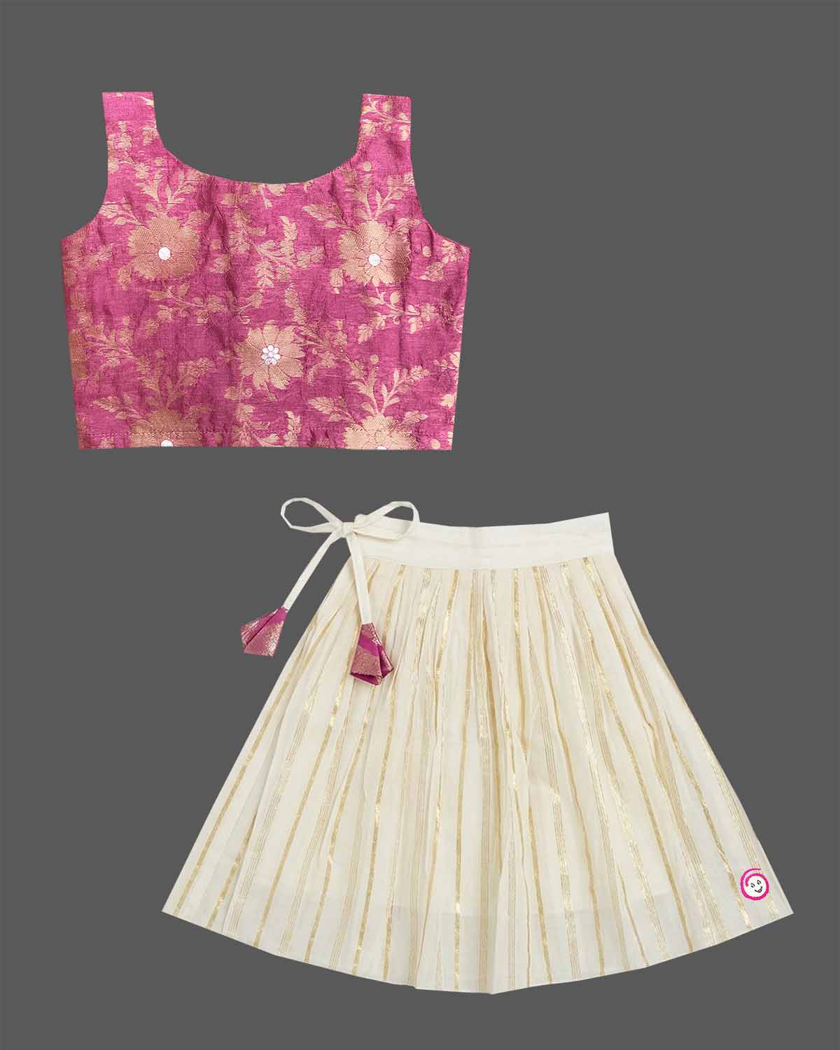 Girls traditional Onam choli lehenga set featuring woven brocade sleeveless top and pleated skirt for festive wear