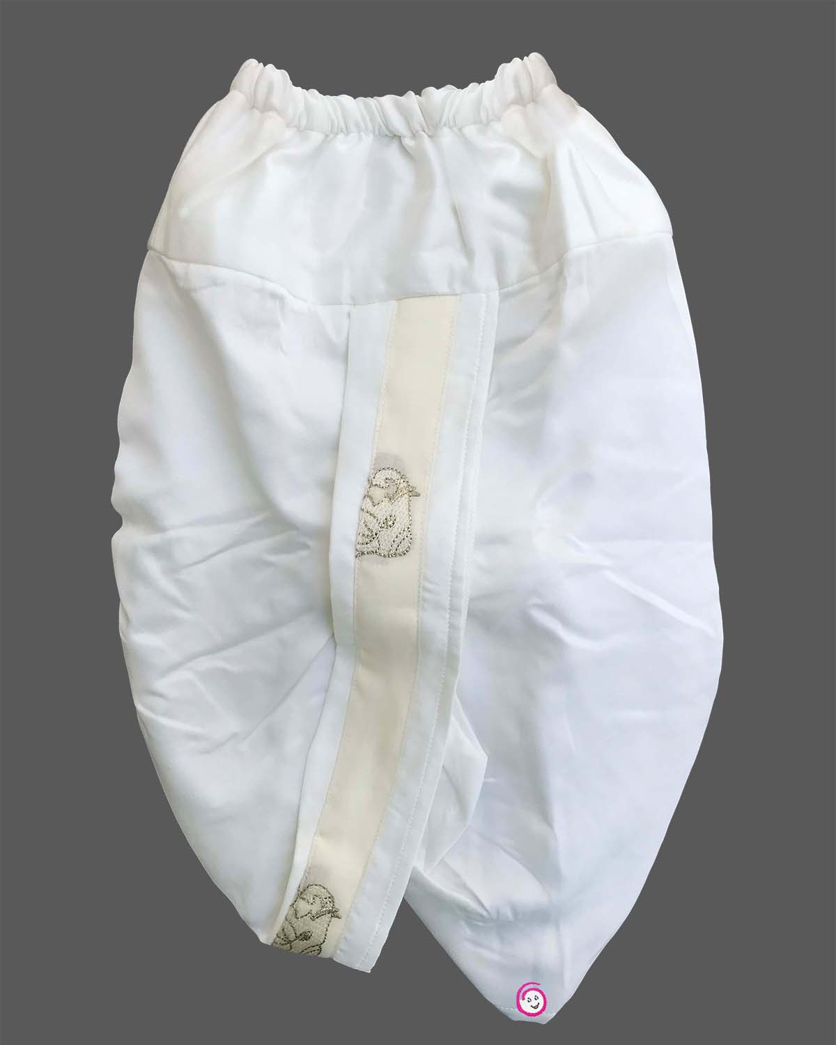 Boys off-white silk ethnic kurta jacket with gold elephant embroidery and mandarin collar paired with matching elastic waist dhoti pant