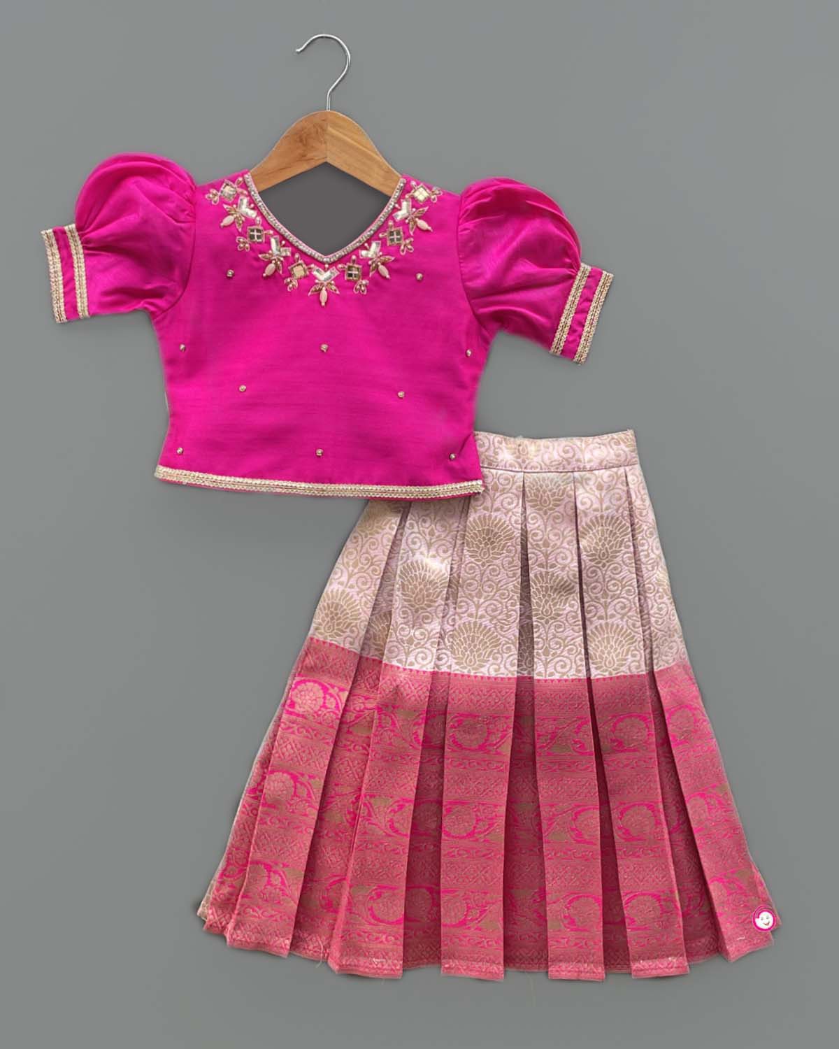 Embellished brocade silk pattu pavadai choli outfit with dupatta for toddler girls ethnic celebrations