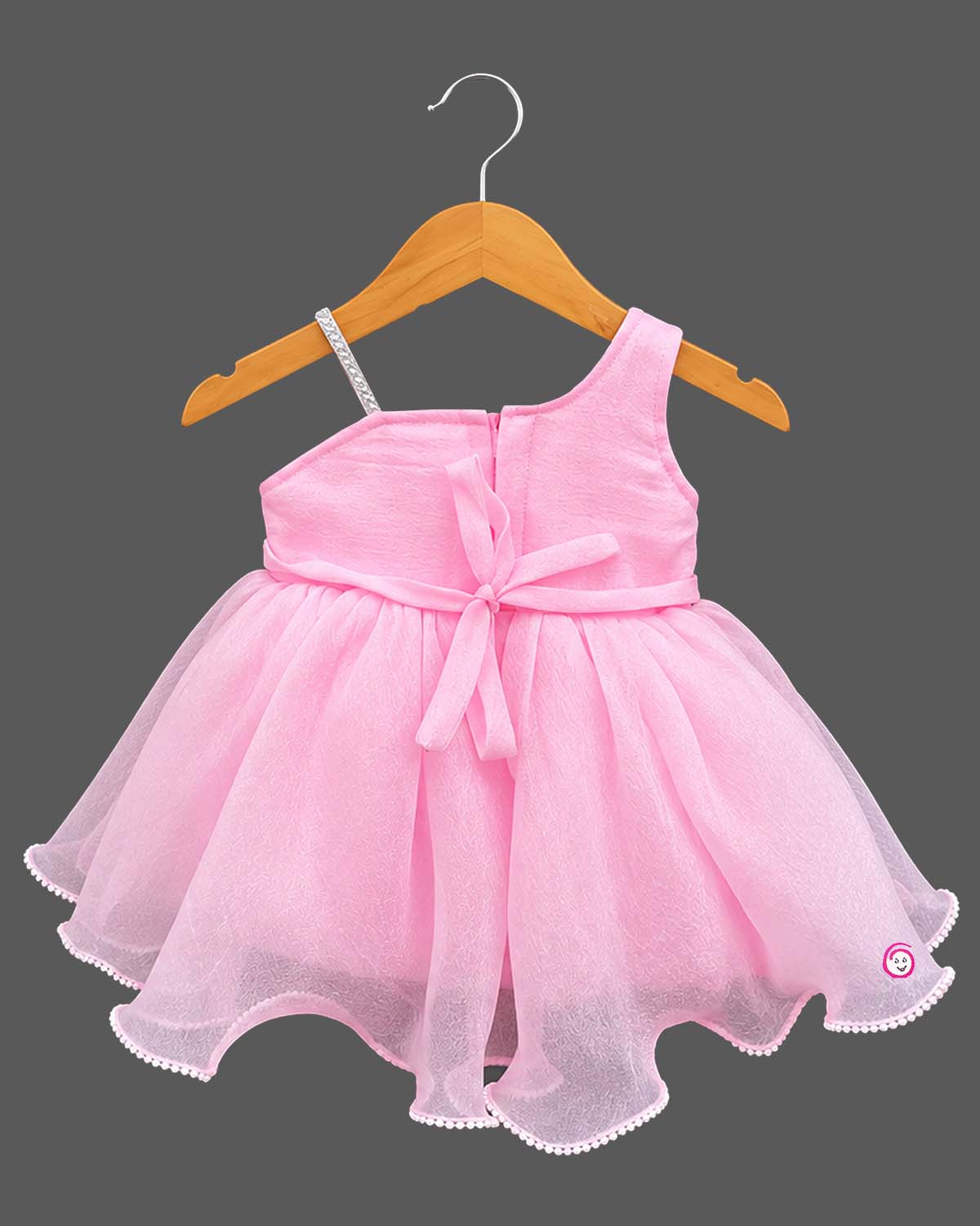 Asymmetric organza rosette kids party wear frock set with matching booties and bow headband