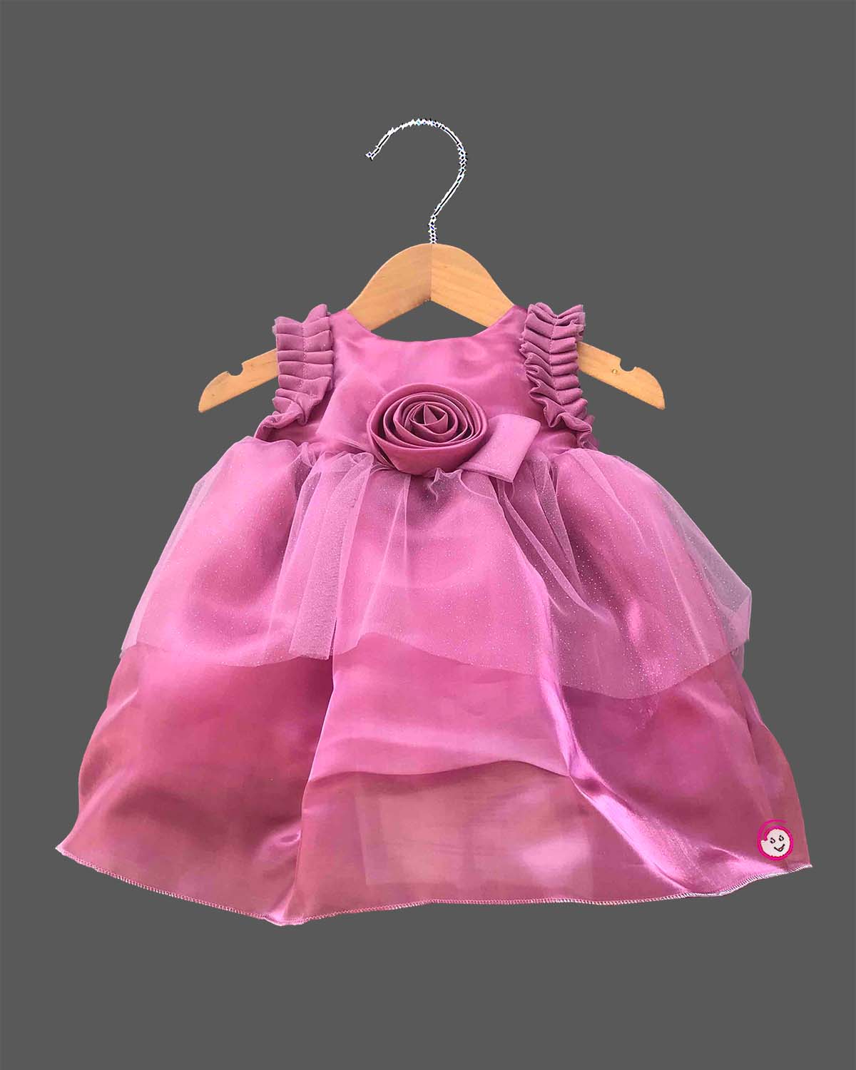 Mauve pink infant net party frock with ruffled sleeves and rose applique for baby girl birthday and wedding