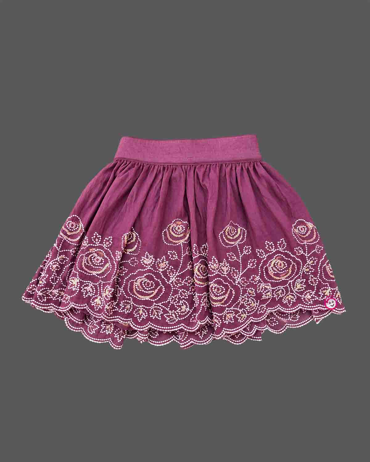 Mauve purple floral embroidered top and skirt set for girls with scalloped hem