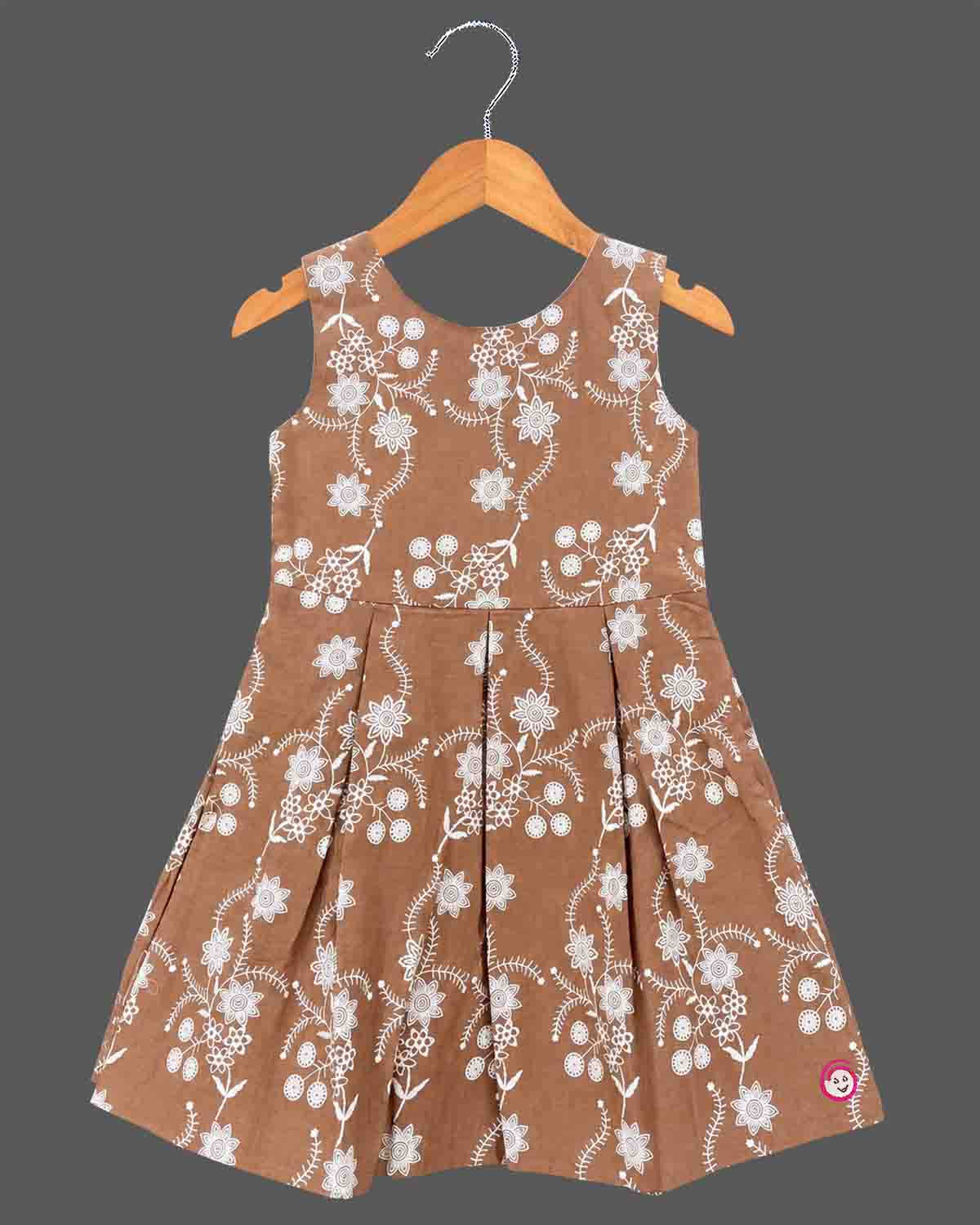 Little girl brown embroidered cotton frock with off-white lace shrug jacket for casual wear and parties