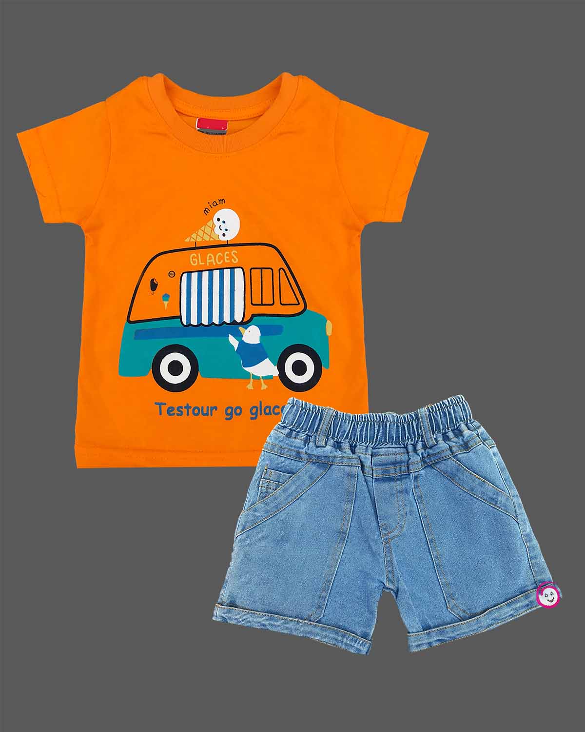 Bright orange graphic t-shirt with ice cream truck print and light wash blue denim elasticated shorts baby boy top and shorts set for summer vacations, playdates, and park outings