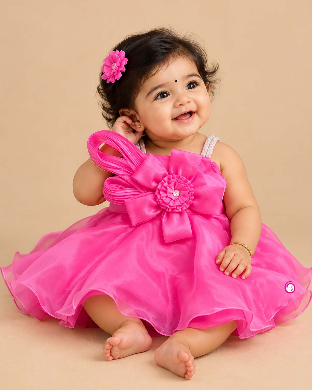 Girls organza party frock featuring oversized front bow appliqué and flared hem silhouette.