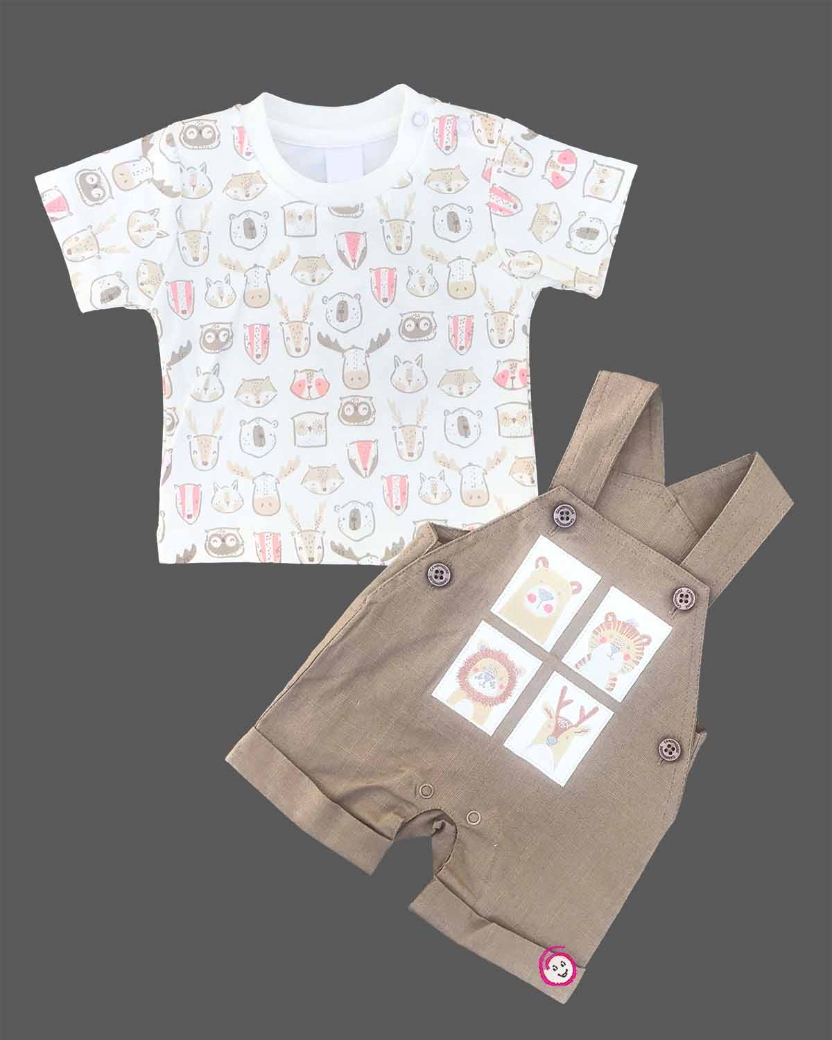 Cute printed tee and dungaree shorts outfit for active toddler boys playwear