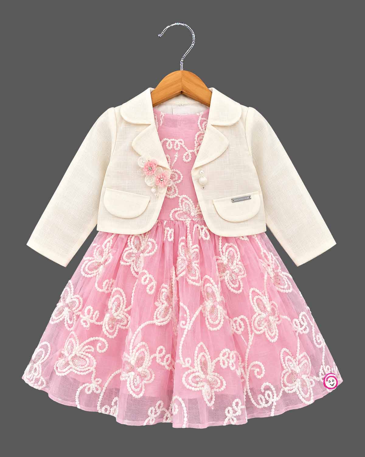 Baby girl frock with embroidered net and matching bolero jacket for party wear