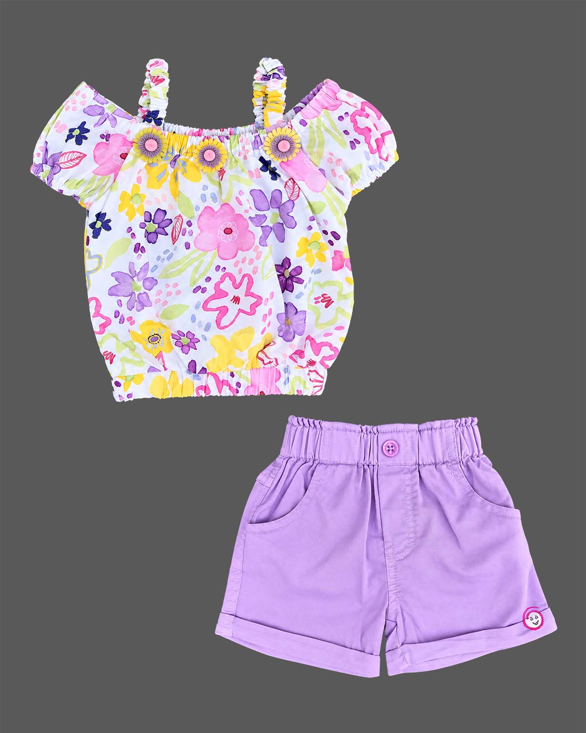 Floral printed Square Neck top paired with purple shorts set for girls