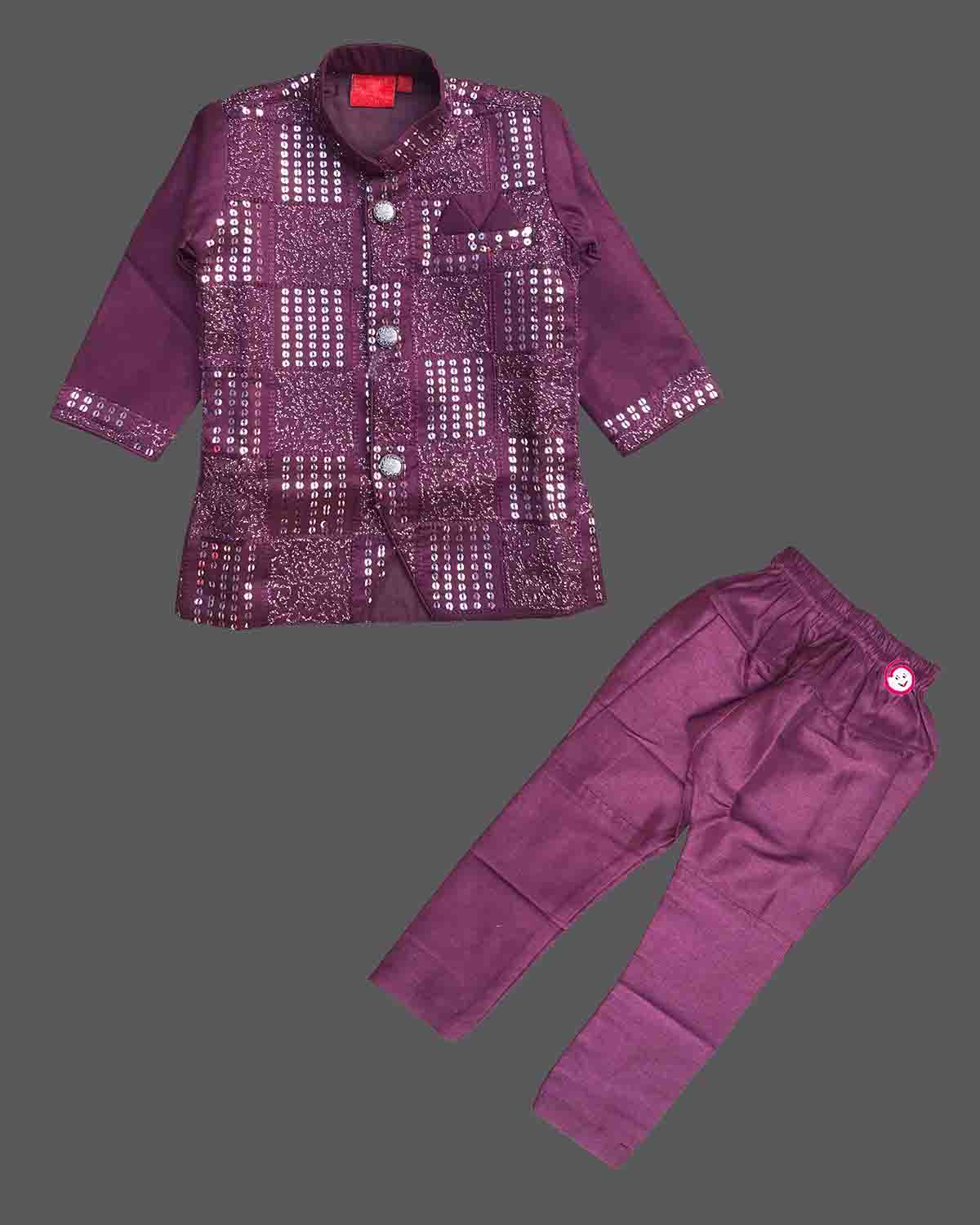 Boys mirror work sherwani set with mandarin collar and elasticated pyjamas for cultural festivals and sangeet functions.