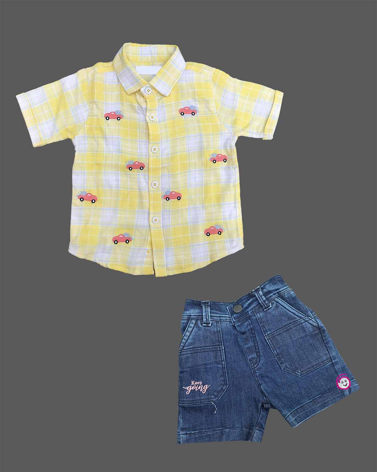 Boys Plaid Embroidered Cotton Shirt & Denim Shorts Set featuring vehicle embroidered motifs, spread collar, and elasticated denim shorts with pockets.