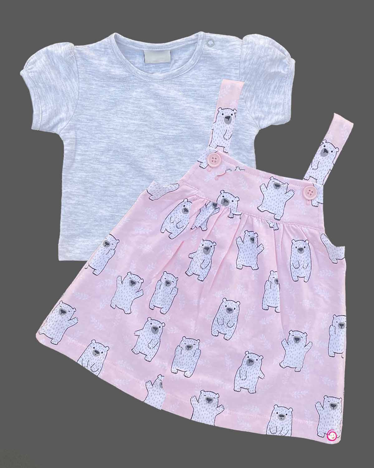 Girls puff sleeve printed pinafore with t shirt - Baby Pink