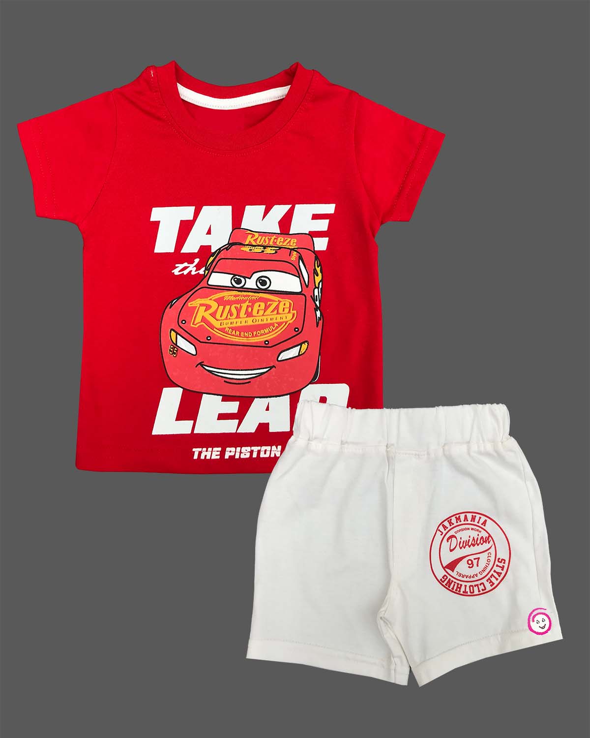 Red graphic t-shirt with racing car print and white elasticated shorts baby boy top and shorts set for summer vacations, playdates, and park outings