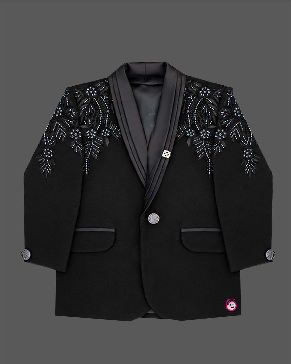 Boys black embroidered formal tuxedo suit set with blazer coat white shirt bow tie and pant for wedding party