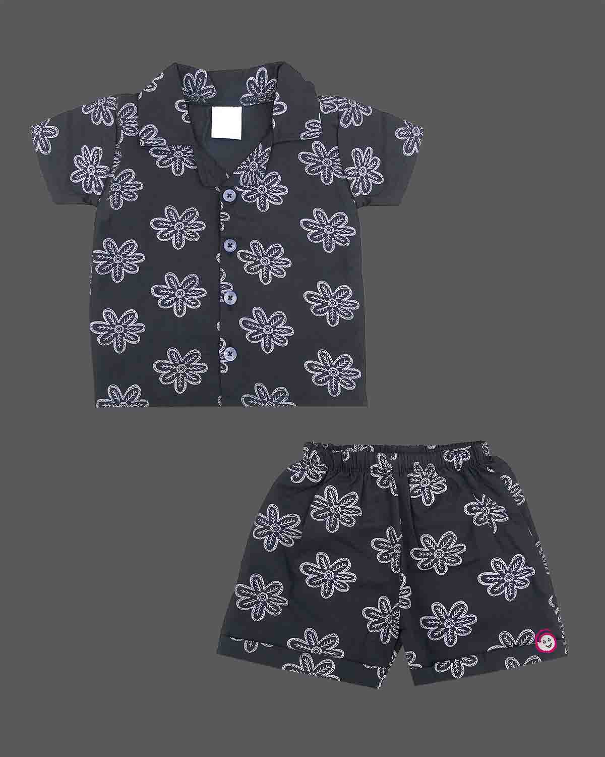 Infant boys floral motif short sleeve button shirt paired with matching elastic waist shorts