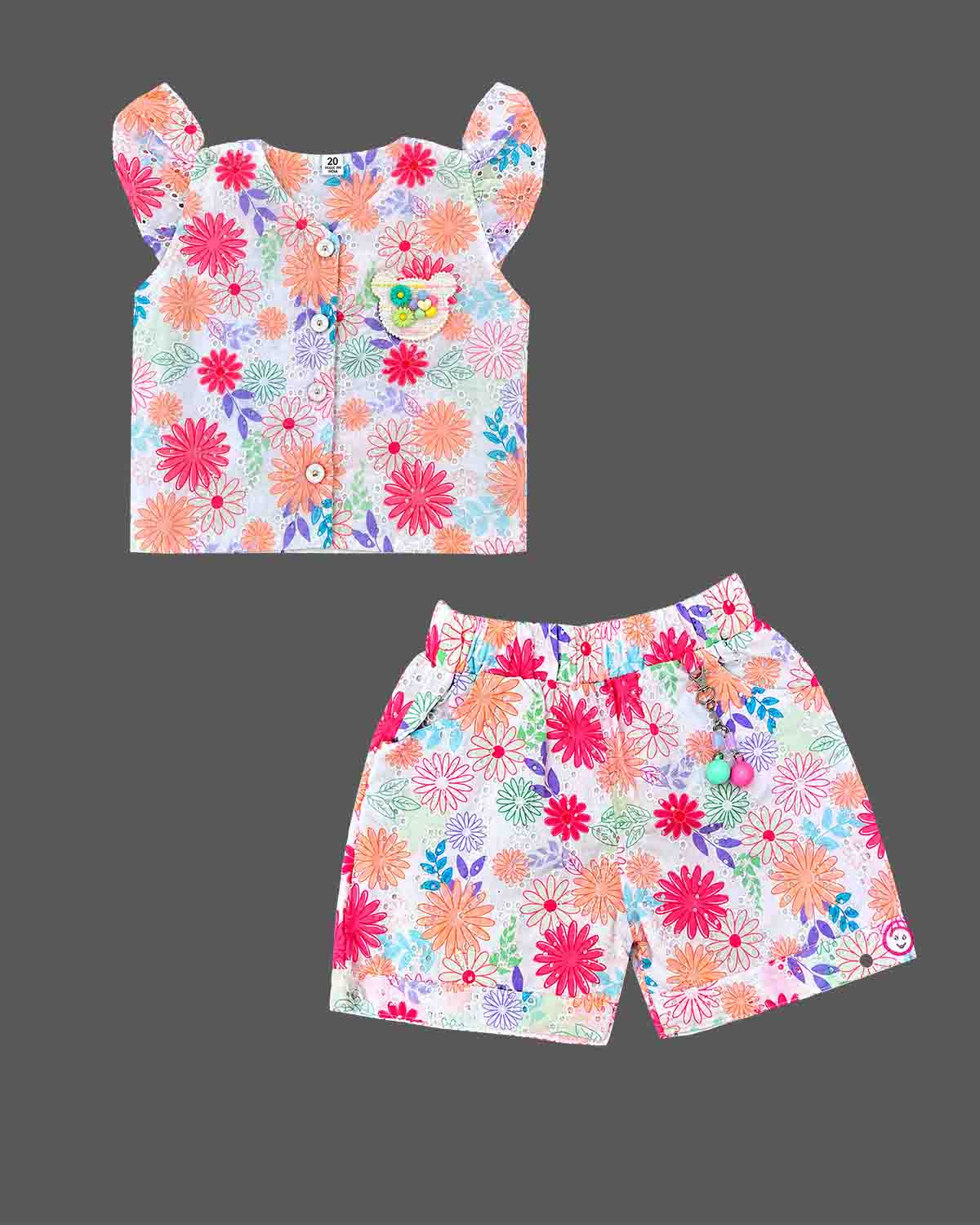 Toddler floral schiffli top set with flutter sleeves and matching shorts for baby party wear dress outings.