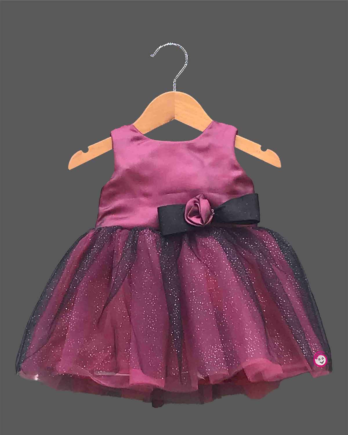 Wine purple and black glitter net frock for girls with waist flower for party wear