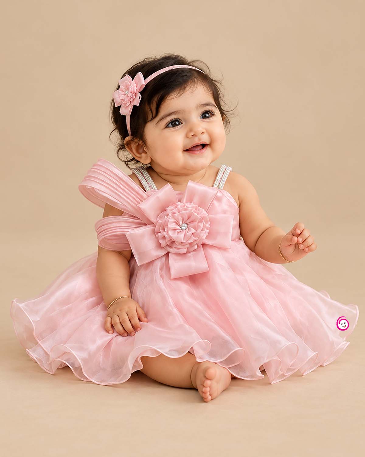 Satin party frock with pleated one-shoulder sash, rhinestone straps, organza overlay skirt, and floral bow applique.