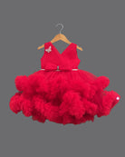 Girls bow applique ruffled elegant tail frock  - Red