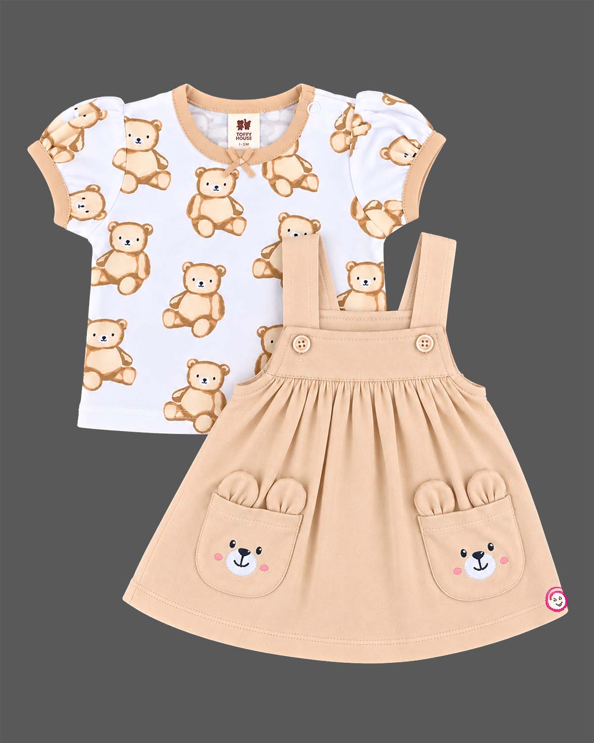 Infant pinafore dress set with printed short sleeve top and cute bear pocket dress for infant daily wear
