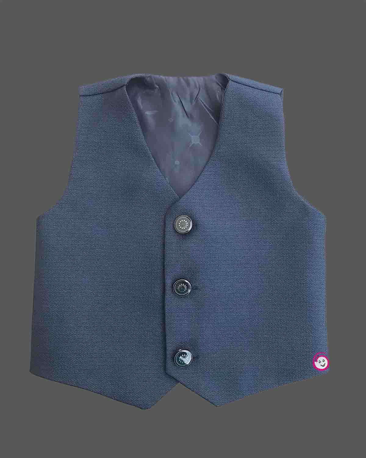 Boys navy blue formal tuxedo blazer with sequin embellishments, satin , bow tie, brooch pin, paired with elastic waist formal pant